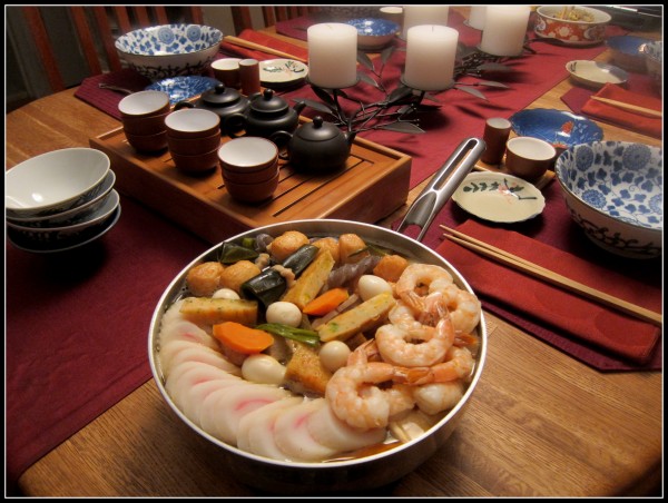 Oden - with spiral kamaboko and satsuma age (balls and rectangles), shrimp, chicken thighs, quail eggs, lotus root, carrot, kombu, tofu, and Nancy's years of making oden. 