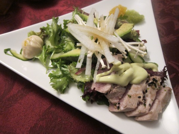 Seared tuna salad, with frisee, enoki, avocado, yuzu tobiko (yellow) and wasabi tobiko (green) 