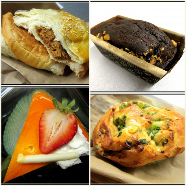 Clockwise from top left: pork bun, mango mousse, pork-and-green-onion roll, macadamia black devil (basically, rectangular chocolate muffin with nuts)