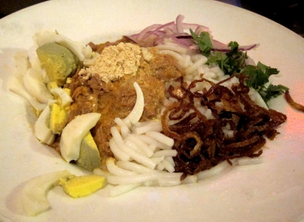 Nan gyi dok ($9.95) - Burmese rice noodle salad with coconut chicken curry, boiled egg, fried shallots, cilantro, onion, chickpea flour and lemon juice. Complex in flavors and satisfying.