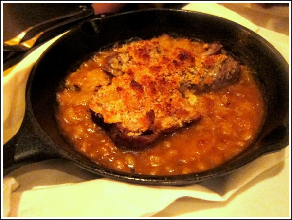 Cassoulet of duck confit, garlic sausage, pork, baked beans and bread crumbs ($24) - good beans, tender duck, the sausage was too grainy (and doughy(?!)), and just a tad too salty. Read more about it from Kristen's point of view.  