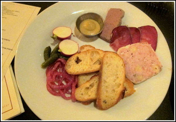 Housemade charcuterie plate ($15) - rabbit pate: ok; duck liver flan: I've had better's; air dried beef: well, it's dried meat... Good pickled onion though.