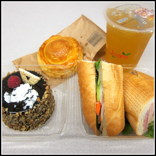 Clockwise from top left: patechaud (brioche with minced pork, $1.50), mini chocolate mousse ($3.95), cold cut banh mi ($3.25), lychee green tea (with lychee jelly, $3.50)