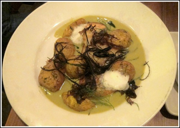 Ling cod in oyster veloute, with Yukon potato and seaweed. 