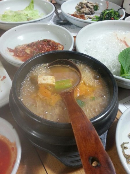 The meal always ends with soup and rice. This is  doenjang jjigae (bean paste soup).