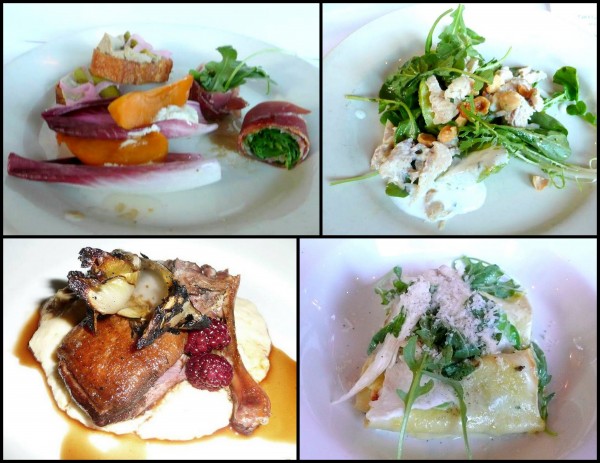 Clockwise from top left: "Oregon finger food", smoked trout salad, fava bean cannelloni, Liberty Ranch duck. Image courtesy of Nancy Togami. 